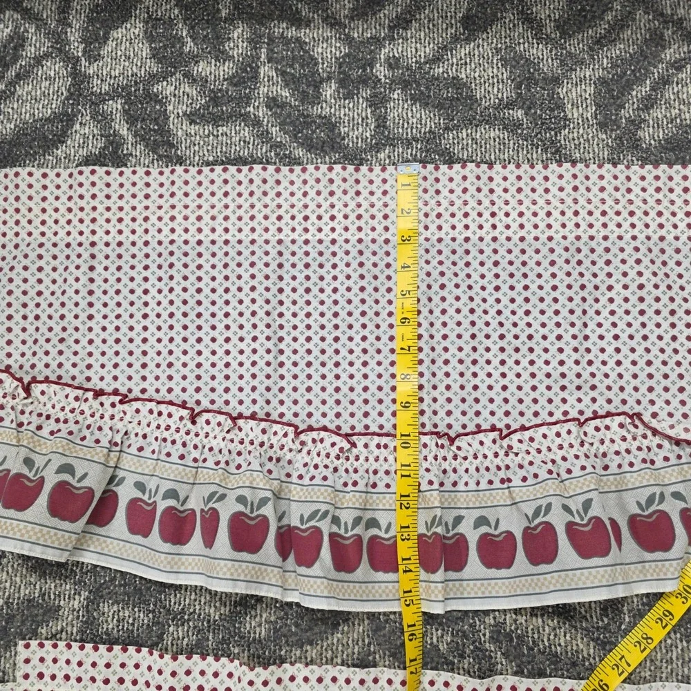 Vintage Cottagecore Apple Print Ruffled Kitchen Curtain Set 4pc Made in USA